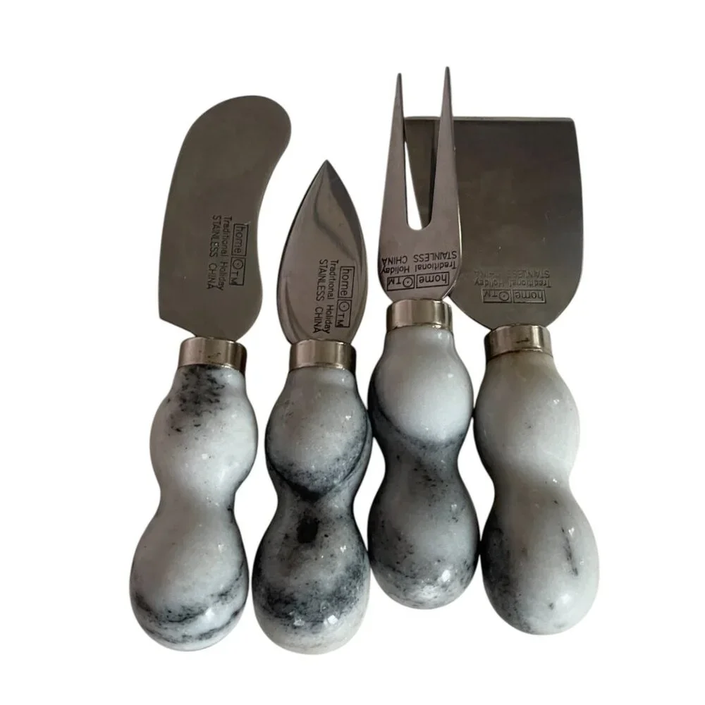 Cheese Spreader Charcuterie Set Gray/White Polished Marble Stainless Steel 5.5